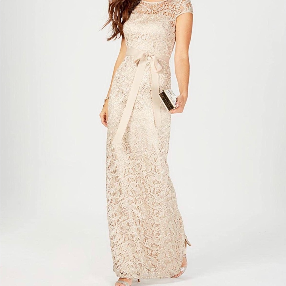 Adrianna Papelle Champagne Cap Sleeve Lace gown